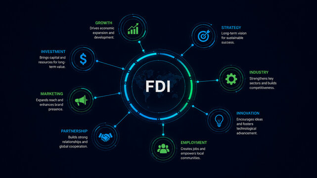 Impact of foreign direct investment on global business growth and innovation diagram.