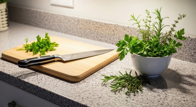 Fresh culinary herbs arranged for preparation on a wooden cutting board with a chef's knife beside a bowl of greens