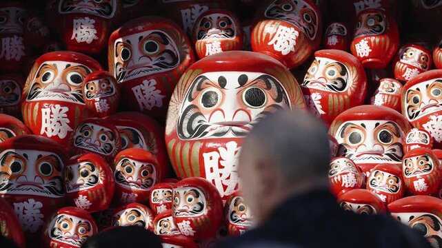 Hundreds of Red Daruma Dolls on Display at a Japanese Temple