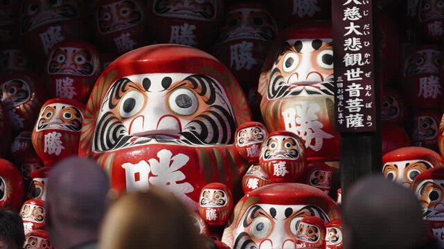 Hundreds of Red Daruma Dolls on Display at a Japanese Temple