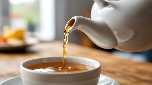 Hot golden tea streaming from white teapot into ceramic cup