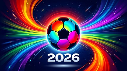 Fototapeta premium Vibrant and colorful abstract soccer ball with glowing rainbow light trails and stars, celebrating year 2026, dynamic sports background.