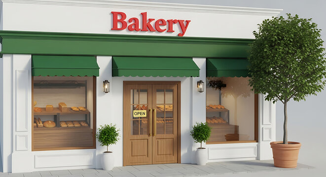 Bakery storefront with green awning and open sign realistic 3d render