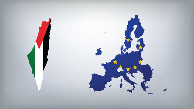 European Union and Palestine Map Flags Vector Illustration, European Union and Palestine Country Shapes Design