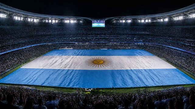 Argentina National Flag Covering Stadium Field at Night