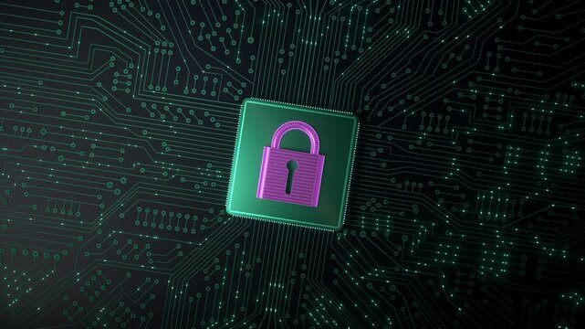 Data protection, circuit board with processor to lock data, encryption, safety, network security. Futuristic mother board, big data, machine learning, firewall, digital data processing, binary code.