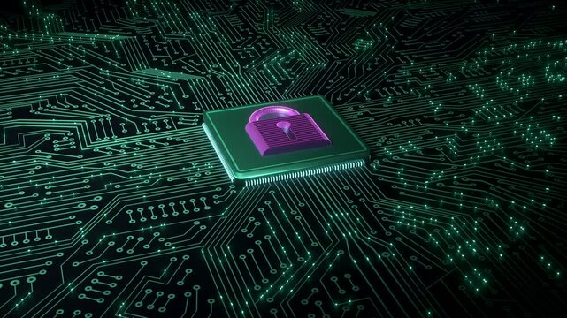 Data protection, circuit board with processor to lock data, encryption, safety, network security. Futuristic mother board, big data, machine learning, firewall, digital data processing, binary code.