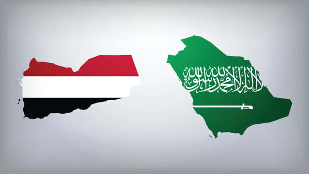 Yemen and Saudi Arabia Map Flags Vector Illustration, Yemen and Saudi Arabia Country Shapes Design