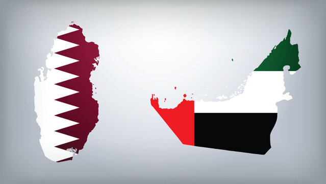 UAE and Qatar Map Flags Vector Illustration, UAE and Qatar Country Shapes Design