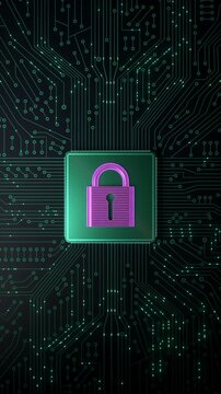 Data protection, circuit board with processor to lock data, encryption, safety, network security. Futuristic mother board, big data, machine learning, firewall, digital data processing, binary code.