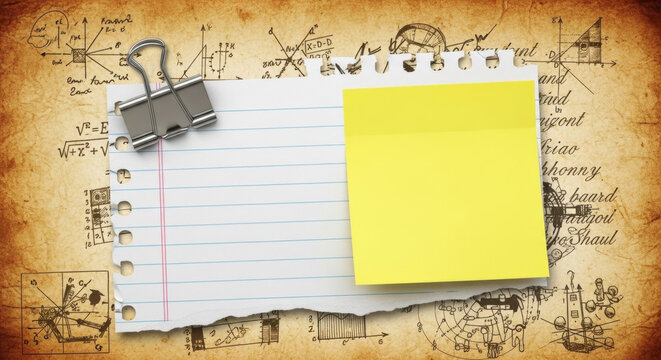 Torn lined notebook paper with yellow sticky note and silver binder clip on vintage background with mathematical sketches, concept of scientific research and education