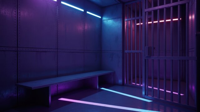 Futuristic prison cell interior with metal walls, open bars, and neon lighting in purple and blue hues.