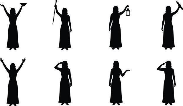 Black female silhouettes set collection of woman in long dress standing in various poses holding lantern staff bowl scroll isolated on white background.