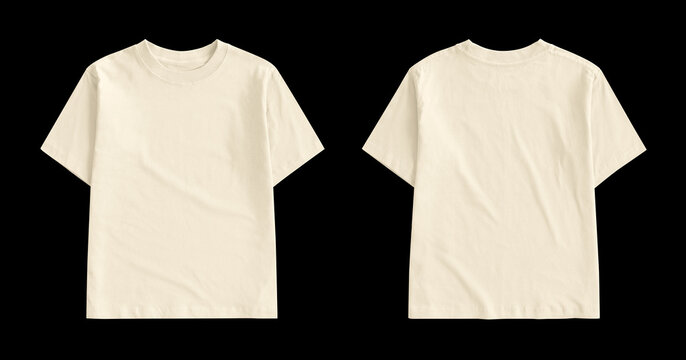 Front and back views of a blank kids cream-colored short-sleeve t-shirt mockup isolated on black