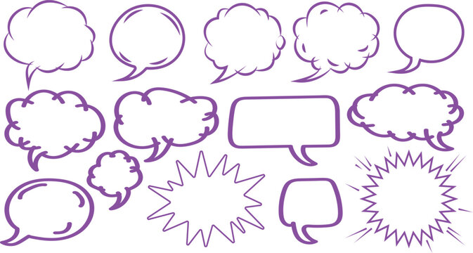 Collection of hand-drawn purple speech bubbles and thought clouds on white background