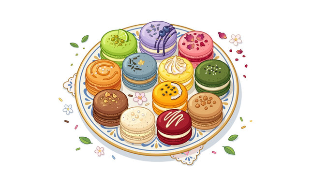 Colorful macarons on a plate with flowers and leaves