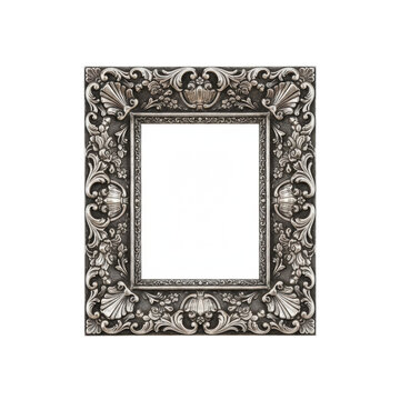 Ornate antique silver frame, baroque ornamentation, intricate acanthus leaves, rocaille carvings, polished metal with patina, isolated on white. Timeless elegance concept