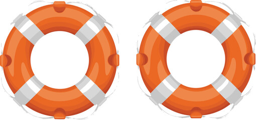 Orange Lifebuoy Ring Vector Illustration Set with White Stripes and Ropes for Marine Safety Coast Guard and Summer Beach Designs © MstGulzan
