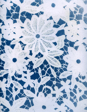 Cyanotype on watercolor paper of floral lace fabric