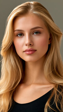 natural beauty portrait of young american blonde woman, soft glam studio headshot with dewy skin and blue eyes, minimal beauty fashion model portrait with clean aesthetic
