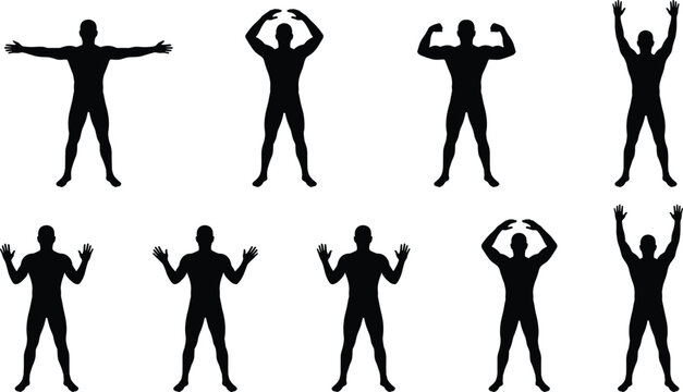Black male bodybuilder silhouettes set collection featuring athletic men posing with muscular arms raised, flexing biceps, showing strength, fitness poses, and various powerful gym workout gestures
