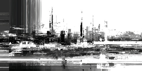 Abstract black and white digital glitch cityscape skyline © MR JOKER