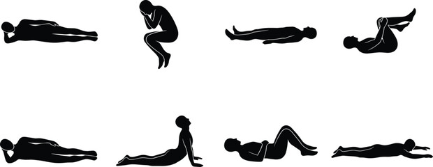 Black male silhouettes set collection of man lying down in various poses sleeping stretching exercising and resting isolated on white background for design © Adib