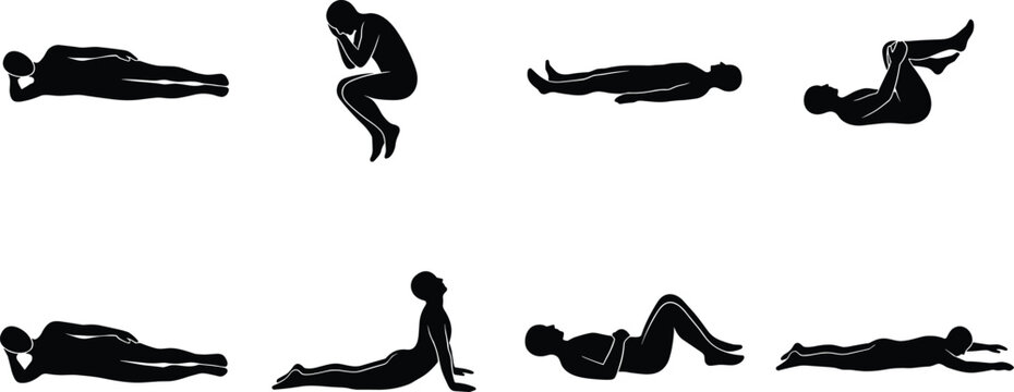 Black male silhouettes set collection of man lying down in various poses sleeping stretching exercising and resting isolated on white background for design