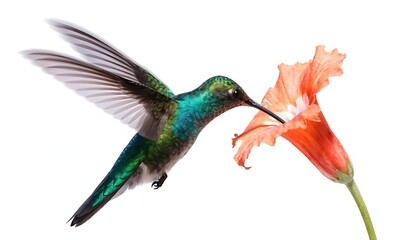 Fototapeta premium Realistic hummingbird drinking nectar from flower cut out isolated on white background. AI GENERATED. 