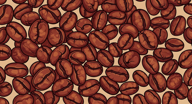 Coffee beans pattern brown roasted coffee seeds on a beige background
