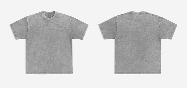 Front and back view of a blank grey acid wash t-shirt on a clean background.