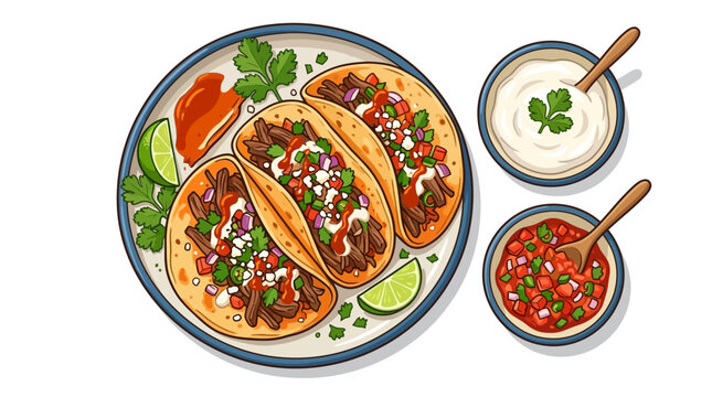 Delicious beef tacos with salsa and sour cream on a plate