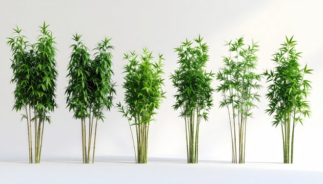 Lush green stalks of bamboo, varying heights, against a clean white background