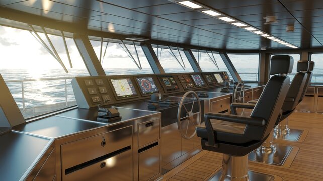 Modern ship bridge with navigation displays, helm, and captain's chairs overlooking the ocean at sunrise.