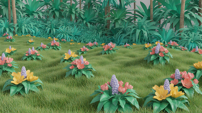 Evergreen flowers and grass field in nature, Flowres on garden in springtime, Tropical forest isolated on transparent background - PNG file, 3D rendering illustration for create and design or etc