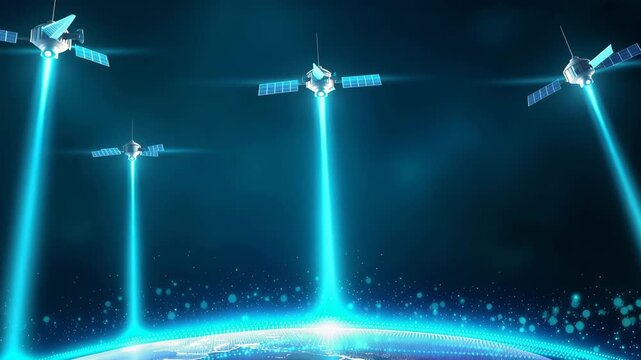 Futuristic satellite internet system over digital glowing Earth, global data network and worldwide communication background satellite internet, global network, digital planet