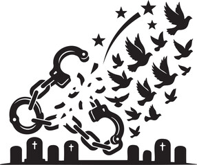 Fototapeta premium Broken handcuffs with soaring birds flying away above a graveyard representing the concept of freedom after death or liberation