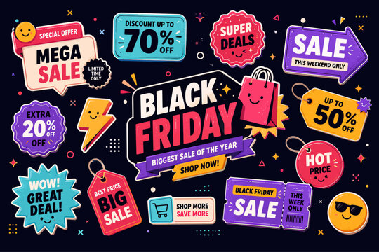 Dynamic collection of 'Black Friday' and seasonal shopping event labels, featuring eye-catching discount stickers and special promotional offers for big savings