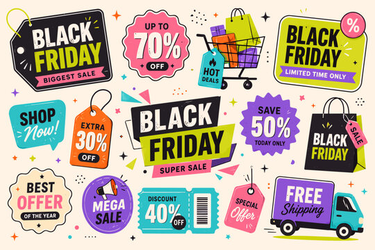 Colorful vector bundle of promotional graphics for retail sales events, featuring discount tags, special offers, limited-time deals, and free shipping elements