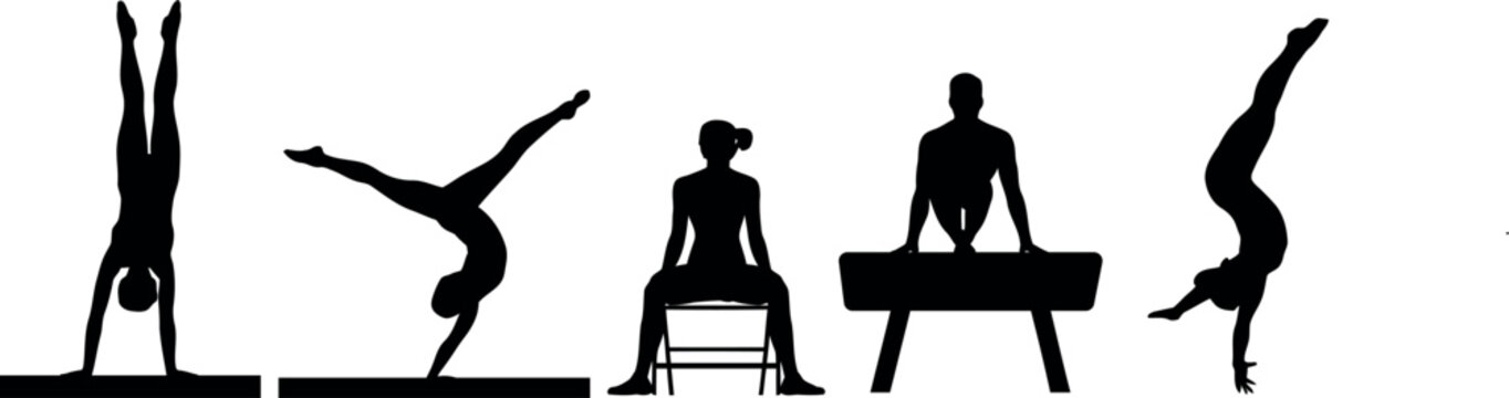 Diverse group of gymnasts performing various artistic moves and poses on apparatus