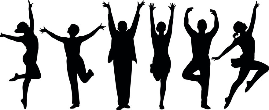 Diverse group of six people silhouetted in dynamic dance and celebration poses against a white background