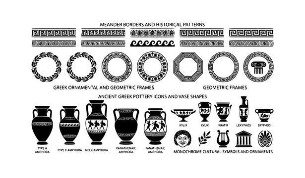 Ancient Greek amphora silhouettes with classical ornamental frame vector collection