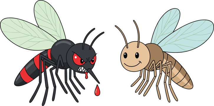 Cartoon Mosquito Vector Set Featuring Angry Blood Sucking Tiger Mosquito and Friendly Brown Gnat Characters Isolated on White Background