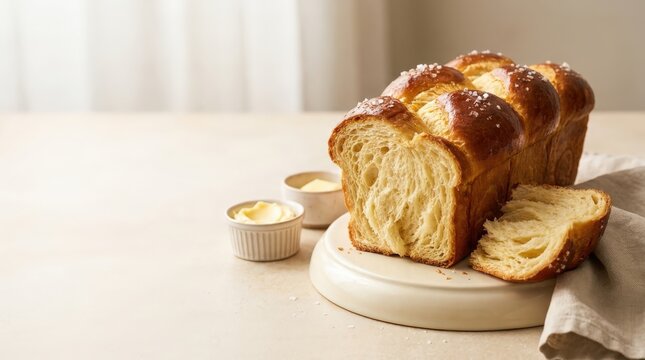 A cinematic wide shot of a golden French butter brioche braid with a glossy crust and flaky texture, served on a light surface with small ramekins of creamy butter for a gourmet breakfast display.