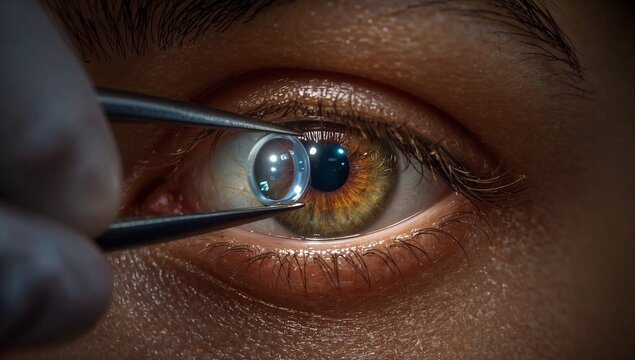 Close-Up of Precision Eye Surgery with Tweezers and Artificial Lens