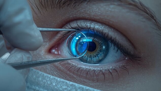 Macro Photography of Tweezers Holding Intraocular Lens Over Blue Eye