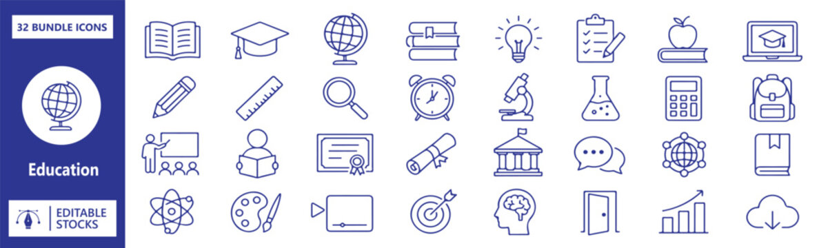 Education Vector Icons Set &ndash; 32 Outline Learning and Academic Line Icons Collection, Editable Education Symbols Bundle