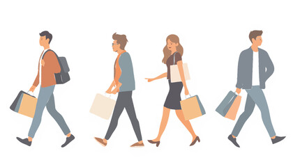 Fototapeta premium Shopping People Collection with Men and Women Carrying Shopping Bags Flat Vector Illustration Set