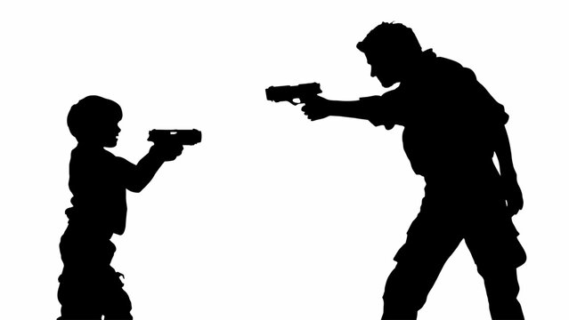 Silhouette of adult and child pointing guns, black vector icons, crime and violence concept, gun threat illustration EPS