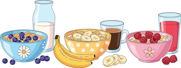 Healthy Breakfast Vector Illustration Featuring Oatmeal Bowls with Berries Bananas Milk Coffee and Juice for Morning Diet Design © MstGulzan